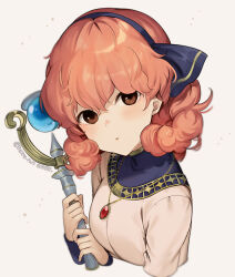 Rule 34 | 1girl, blue hairband, blue ribbon, brown eyes, closed mouth, fire emblem, fire emblem echoes: shadows of valentia, gem, genny (fire emblem), gradient background, hair between eyes, hairband, haru (nakajou-28), holding, holding staff, jewelry, looking at viewer, necklace, nintendo, pink hair, red gemstone, ribbon, short hair, single horizontal stripe, solo, staff, turtleneck, twitter username, upper body