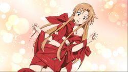 Rule 34 | 1girl, asuna (sao), breasts, brown eyes, brown hair, cowboy shot, dutch angle, embarrassed, game cg, highres, lens flare, long hair, medium breasts, midriff, naked ribbon, navel, official art, open mouth, red ribbon, ribbon, solo, standing, stomach, sword art online, sword art online: fatal bullet, very long hair