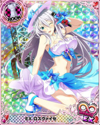 Rule 34 | 1girl, antenna hair, aqua eyes, bow, breasts, card (medium), character name, chess piece, crop top, gloves, hair ribbon, hat, high heels, high school dxd, high school dxd infinity, hologram, large breasts, long hair, looking at viewer, microphone, midriff, navel, official art, one eye closed, open mouth, pastel colors, ribbon, rook (chess), rossweisse, silver hair, skirt, smile, solo, third-party source, trading card, very long hair