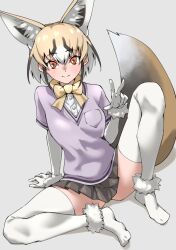 Rule 34 | 1girl, absurdres, animal ears, black hair, blonde hair, blush, bow, bowtie, commentary request, elbow gloves, extra ears, fox ears, fox girl, fox tail, fur trim, gloves, grey skirt, highres, kemono friends, looking at viewer, multicolored hair, no shoes, pink shirt, pleated skirt, red eyes, rueppell&#039;s fox (kemono friends), shirt, short hair, short sleeves, skirt, solo, t-shirt, tail, tanabe (fueisei), thighhighs, v, white fur, white gloves, white hair, white thighhighs, yellow bow, yellow bowtie, zettai ryouiki