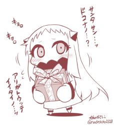 Rule 34 | 10s, 1girl, abyssal ship, blush, box, carrying, comic, contemporary, covered mouth, dress, flying sweatdrops, gift, gift box, horns, kantai collection, long hair, looking at viewer, mittens, monochrome, northern ocean princess, solo, sweat, translation request, yamato nadeshiko
