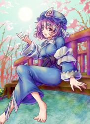 Rule 34 | 1girl, barefoot, breasts, dress, feet, female focus, hat, japanese clothes, nature, outdoors, pant-3s, pink eyes, pink hair, plant, saigyouji yuyuko, sitting, sky, solo, touhou