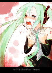Rule 34 | 1girl, azuse neko, bad id, bad pixiv id, blood, blush, crying, crying with eyes open, detached sleeves, face, green hair, hatsune miku, headset, letterboxed, open mouth, solo, tears, vocaloid