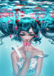 Rule 34 | 1girl, aqua eyes, aqua hair, bad id, bad pixiv id, bare shoulders, bubble, collarbone, flower, hatsune miku, highres, rail (silverbow), solo, strap slip, tank top, twintails, underwater, upper body, vocaloid, water