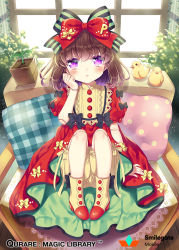 Rule 34 | bad id, bad pixiv id, bird, bloomers, boots, bow, brown hair, company name, copyright name, doll joints, dress, hair bow, indoors, joints, looking at viewer, manle, official art, original, pillow, purple eyes, qurare magic library, red dress, sitting, sprout, underwear, watermark, window