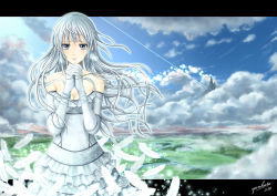 Rule 34 | 1girl, bad id, bad nicoseiga id, bare shoulders, blush, breasts, cloud, day, dress, feathers, female focus, grey eyes, letterboxed, long hair, looking at viewer, nature, original, outside border, own hands clasped, own hands together, plant, scenery, silver hair, sky, solo, strapless, strapless dress, yankata