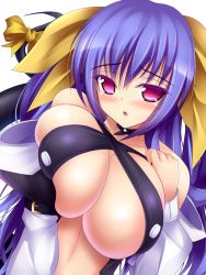Rule 34 | 1girl, arc system works, blue hair, blush, breasts, cleavage, collarbone, detached sleeves, dizzy (guilty gear), guilty gear, guilty gear x, guilty gear xx, hair ornament, hair ribbon, huge breasts, midriff, mikan (5555), open mouth, purple eyes, ribbon, solo, tail