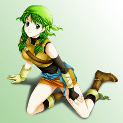 Rule 34 | 1girl, asymmetrical clothes, bandana, boots, braid, elbow gloves, fingerless gloves, fire emblem, fire emblem: the blazing blade, full body, gloves, gradient background, green eyes, green hair, hair over shoulder, highres, kneeling, matching hair/eyes, nintendo, rebecca (fire emblem), shadow, simple background, skirt, smile, solo, tamamon, twin braids, twintails, vest
