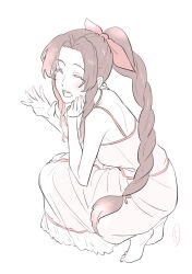 Rule 34 | 1girl, absurdres, aerith gainsborough, bare arms, bare shoulders, barefoot, braid, braided ponytail, breasts, brown hair, closed eyes, dress, final fantasy, final fantasy vii, final fantasy vii remake, from above, full body, hair ribbon, hand on own face, highres, kobayashi chizuru, light blush, long dress, long hair, medium breasts, open mouth, parted bangs, pink dress, pink ribbon, pink theme, ribbon, sidelocks, single braid, smile, solo, squatting, waving, white background
