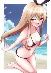 Rule 34 | 1girl, absurdres, bare arms, bare legs, bare shoulders, barefoot, beach, bikini, black bikini, blonde hair, blush, breasts, collarbone, fingernails, highres, kantai collection, long hair, looking at viewer, navel, ocean, shimakaze (kancolle), small breasts, solo, swimsuit, tiemu (man190), yellow eyes