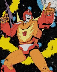 Rule 34 | 1980s (style), 1boy, autobot, blue eyes, casey w. coller, commentary, english commentary, gun, highres, holding, holding gun, holding weapon, male focus, mecha, no humans, oldschool, open mouth, planet, pointing, retro artstyle, robot, rodimus prime, science fiction, solo, space, transformers, weapon