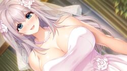 Rule 34 | 1girl, arms at sides, blue eyes, blush, breasts, bridal veil, bride, cleavage, dress, embarrassed, eyebrows hidden by hair, female focus, game cg, hair between eyes, hozumi kaoru, indoors, itsu made mo musuko no mama ja irarenai! 3, jewelry, large breasts, light purple hair, long hair, looking at viewer, minegishi satomi, necklace, nose blush, open mouth, original, pearl necklace, smile, solo, standing, strapless, strapless dress, upper body, veil, wedding dress