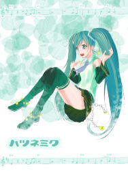 Rule 34 | 1girl, aqua eyes, aqua hair, bad id, bad pixiv id, detached sleeves, hatsune miku, high heels, inumen inu, inumotiko, long hair, musical note, shoes, skirt, solo, thighhighs, twintails, vocaloid