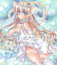 Rule 34 | 1girl, animal ears, artist name, at classics, bell, blonde hair, blue eyes, blue ribbon, bouquet, braid, breasts, bridal veil, cat ears, cat tail, choker, cleavage, closed mouth, clothes lift, cowboy shot, dress, dress lift, elbow gloves, flower, frilled choker, frills, garter straps, gloves, hair ribbon, hairband, holding, large breasts, lifting own clothes, long hair, looking at viewer, neck bell, original, panties, ribbon, sample watermark, side braid, smile, solo, tail, thighhighs, traditional media, twin braids, underwear, veil, watermark, wedding dress, white gloves, white panties, wreath
