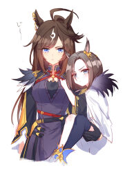 Rule 34 | 2girls, aged down, ahoge, air groove (umamusume), animal ears, asymmetrical bangs, belt, black dress, black gloves, blue eyes, breasts, brown hair, cape, carrying, child, child carry, closed mouth, cropped legs, dress, duramente (umamusume), feathers, frown, gloves, grey eyes, horse ears, long hair, long sleeves, looking at viewer, multiple girls, romi (346 ura), short hair, simple background, single thighhigh, small breasts, thighhighs, umamusume, v-shaped eyebrows, white background