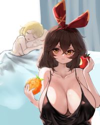Rule 34 | 2girls, absurdres, alternate breast size, amber (genshin impact), apple, bbolalus, bed sheet, black tank top, blonde hair, blush, bow, breasts, brown hair, cleavage, collarbone, curtains, eating, food, fruit, genshin impact, hair bow, highres, huge breasts, long hair, lumine (genshin impact), lying, medium breasts, multiple girls, hugging object, on bed, open mouth, pillow, pillow hug, red bow, sideboob, sleeping, sweatdrop, tank top, yellow eyes