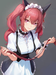 Rule 34 | 1girl, absurdres, akiha rumiho, animal ears, belt, black skirt, blush, breasts, cat ears, closed mouth, collar, corset, fake animal ears, frilled skirt, frills, hair ribbon, highres, holding, holding belt, holding collar, long hair, looking at viewer, mac star, maid headdress, medium breasts, pink hair, puffy short sleeves, puffy sleeves, purple eyes, red ribbon, ribbon, shirt, short sleeves, skirt, smile, solo, steins;gate, twintails, v-shaped eyebrows, white shirt, wrist cuffs