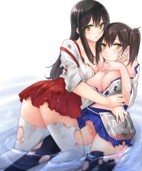 Rule 34 | 10s, 2girls, akagi (kancolle), areola slip, ass, asymmetrical hair, black legwear, blue skirt, breast press, breasts, brown hair, burnt clothes, fukuroumori, futanari, gradient background, hair between eyes, hakama, hakama short skirt, hakama skirt, hand on own chest, japanese clothes, kaga (kancolle), kantai collection, large breasts, long hair, looking at viewer, lying on person, miniskirt, multiple girls, parted lips, partially submerged, penis, pleated skirt, red skirt, short hair, side ponytail, skirt, thighhighs, torn clothes, wet, wet clothes, white legwear, yellow eyes