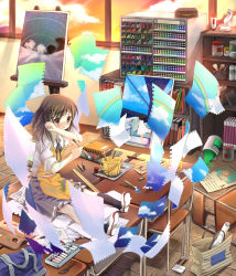 Rule 34 | 1girl, apron, bag, blush, brown eyes, brown hair, canvas (object), classroom, colorful, duffel bag, easel, flying paper, hair ornament, hairclip, hanabana tsubomi, original, painting (action), palette (object), paper, rainbow, school, school uniform, sitting, table, tears
