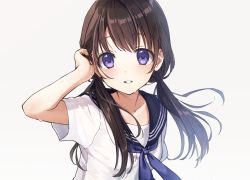 Rule 34 | 1girl, arm up, blue neckerchief, blush, brown hair, collarbone, grey background, hand in own hair, light smile, long hair, looking at viewer, low twintails, neckerchief, original, parted lips, purple eyes, rimo, school uniform, serafuku, short sleeves, simple background, smile, solo, teeth, twintails, upper body
