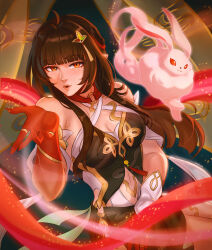 1girl 1other bare_shoulders blush breasts brown_hair chalseu china_dress chinese_clothes colored_extremities dress hair_ornament highres honkai:_star_rail honkai_(series) lingsha_(honkai:_star_rail) lips long_hair looking_at_viewer medium_breasts open_mouth orange_eyes pointy_ears red_hands tuskpir_(honkai:_star_rail) very_long_hair