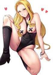 Rule 34 | 1girl, arm support, bad id, bad pixiv id, blonde hair, blush, boku no hero academia, boots, breasts, cross pasties, cuffs, groin, groin tendon, handcuffs, heart, highres, knee boots, long hair, medium breasts, mount lady, nico-mo, pasties, red eyes, solo, tape, tape on nipples, white background