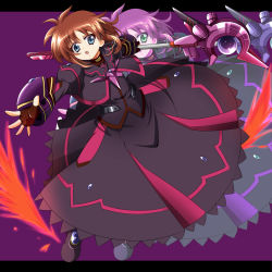 Rule 34 | 1girl, armor, blue eyes, brown hair, dress, fingerless gloves, gloves, highres, letterboxed, long sleeves, luciferion, lyrical nanoha, mahou shoujo lyrical nanoha, mahou shoujo lyrical nanoha a&#039;s, mahou shoujo lyrical nanoha a&#039;s portable: the battle of aces, stern the destructor, open mouth, outstretched hand, puffy sleeves, short hair, solo, wings, yoroiusagi, yorousa (yoroiusagi), zoom layer