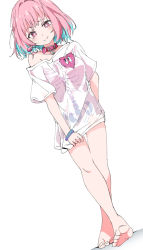 Rule 34 | 1girl, arm behind back, barefoot, blue hair, blush, bracelet, collar, collarbone, earrings, fang, full body, heart on chest, idolmaster, idolmaster cinderella girls, ixy, jewelry, looking at viewer, multicolored hair, naked shirt, off shoulder, pill earrings, pink eyes, pink hair, shirt, short hair, short sleeves, simple background, smile, solo, standing, t-shirt, two-tone hair, walking, white background, white shirt, yumemi riamu