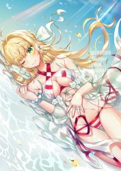Rule 34 | 10s, 1girl, ;&gt;, artist name, bikini, blonde hair, bow, bracelet, braid, breasts, cleavage, closed mouth, criss-cross halter, dutch angle, fate/extra, fate/grand order, fate (series), fish, flower, hair bow, halterneck, highres, jewelry, long hair, looking at viewer, lying, medium breasts, nero claudius (fate), nero claudius (fate) (all), nero claudius (swimsuit caster) (fate), nero claudius (swimsuit caster) (third ascension) (fate), on side, one eye closed, smile, solo, striped bikini, striped clothes, swimsuit, thigh gap, watermark, white bow, xionfes