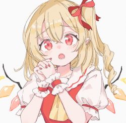 Rule 34 | 1girl, blonde hair, commentary request, crystal, flandre scarlet, hair between eyes, hair ribbon, highres, looking at viewer, medium hair, no headwear, one side up, own hands clasped, own hands together, paragasu (parags112), pointy ears, red ribbon, ribbon, simple background, solo, touhou, upper body, white background, wings