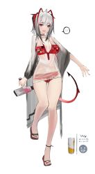 Rule 34 | 1girl, absurdres, alternate costume, antennae, arknights, bikini, blush, demon girl, demon horns, demon tail, eugle na, full body, grey hair, highres, holding, horns, looking at viewer, medium hair, nail polish, open mouth, red bikini, red eyes, red nails, sandals, see-through, see-through shirt, simple background, solo, spoken blush, swimsuit, tail, w (arknights), white background