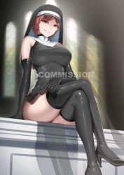 Rule 34 | 1girl, black gloves, black thighhighs, breasts, character request, church, commission, copyright request, crossed legs, elbow gloves, eyewear on head, gloves, grin, gun, habit, high heels, highres, large breasts, nun, orange eyes, orange hair, outdoors, red eyes, red hair, rev60, short hair, sitting, smile, solo, sunglasses, teeth, thighhighs, thighs, weapon