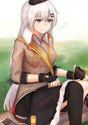 Rule 34 | 1girl, absurdres, black gloves, black skirt, black thighhighs, breasts, brown jacket, cellphone, closed mouth, girls&#039; frontline, gloves, grey eyes, grey hair, hat, highres, huge filesize, jacket, long hair, looking away, medium breasts, military hat, musical note, muteppona hito, partially fingerless gloves, phone, red star, shirt, sitting, skirt, smartphone, solo, soviet, star (symbol), svd (girls&#039; frontline), tape, thighhighs, uniform, weapon case, white shirt