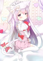 Rule 34 | 1girl, alternate costume, animal ear fluff, animal ears, azur lane, bed, bed sheet, bell, blush, bow, canopy bed, cat ears, cat tail, closed mouth, commentary request, corset, fingernails, frills, from behind, hair between eyes, hair bow, heart, highres, juliet sleeves, kisaragi (azur lane), long fingernails, long hair, long sleeves, looking at viewer, mary janes, hugging object, on bed, petticoat, pink bow, pink eyes, pink hair, pink skirt, pleated skirt, puffy sleeves, red bow, ribbon, shoes, sidelocks, sitting, skirt, tail, tail bell, tail ornament, tail ribbon, thighhighs, very long hair, wallpaper (object), wariza, white footwear, white thighhighs, yuru (xxyuruxx)