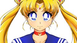 Rule 34 | 1girl, bishoujo senshi sailor moon, blonde hair, blue eyes, choker, closed mouth, collarbone, crescent, crescent choker, crescent earrings, doopiedoover, double bun, earrings, expressionless, hair bun, highres, jewelry, long hair, looking at viewer, parted bangs, sailor moon, solo, tsukino usagi, twintails, upper body, wallpaper