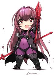 Rule 34 | :d, armor, bodysuit, breasts, chibi, fate/grand order, fate (series), gae bolg (fate), hair intakes, highres, holding, holding weapon, inoue sora, leotard, long hair, looking up, open mouth, pauldrons, polearm, purple bodysuit, purple hair, purple leotard, red eyes, scathach (fate), scathach (fate), shoulder armor, signature, smile, spear, weapon, white background