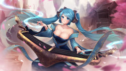 Rule 34 | 1girl, absurdres, bare shoulders, blue eyes, blue hair, blush, breasts, bridge, cherry blossoms, cleavage, collarbone, fingernails, floating, highres, instrument, league of legends, long hair, long sleeves, mountain, music, open mouth, outdoors, petals, playing instrument, rock, shrimp cake, smile, solo, sona (league of legends), tree, twintails, very long hair, wide sleeves