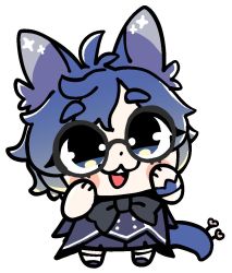 Rule 34 | 1boy, :3, animal ears, bkub, bkub (vtuber), black-framed eyewear, black bow, blue hair, blue shirt, blue shorts, blue tail, blush stickers, bow, bowtie, chibi, commentary request, glasses, hands on own cheeks, hands on own face, indie virtual youtuber, male focus, open mouth, round eyewear, school uniform, shirt, shorts, simple background, solo, standing, swept bangs, tail, virtual youtuber, white background