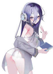 Rule 34 | 1-gou (111touban), 1girl, ass, blush, breasts, closed mouth, coat, covered erect nipples, dress, exia (nikke), from behind, goddess of victory: nikke, grey coat, hair between eyes, handheld game console, headphones, highres, holding, holding handheld game console, long hair, long hair between eyes, long sleeves, looking at viewer, messy hair, off shoulder, open clothes, open coat, purple eyes, purple hair, short dress, simple background, small breasts, solo, v, white background
