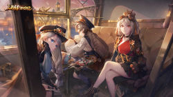 Rule 34 | 3girls, :d, bag of chips, baraba baba, bell, black footwear, black skirt, blue eyes, braid, brown hair, camera, character request, chin (onmyoji), chinese clothes, crossed legs, garter straps, gears, goggles, goggles on head, highres, jingle bell, long hair, long sleeves, multiple girls, onmyoji, onmyouji, open mouth, pointy ears, quill, red eyes, red skirt, sitting, skirt, smile, steampunk, striped clothes, striped legwear, striped thighhighs, table, thick eyebrows, thighhighs, tiaotiaomeimei, train interior, vertical-striped clothes, vertical-striped thighhighs, very long hair, watch, watermark, white hair, wide sleeves, window