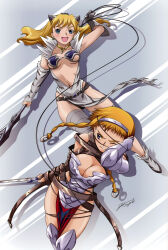 Rule 34 | 2girls, absurdres, animal print, armor, belt, binding, blonde hair, blue eyes, blush, braid, breasts, buckle, captain of the royal guard elina, center opening, cleavage, earrings, elbow gloves, elina (queen&#039;s blade), elina (queen's blade), exiled warrior leina, female focus, fur, gauntlets, gloves, hairband, highres, hisayuki hirokazu, jewelry, leina (queen&#039;s blade), leina (queen's blade), loincloth, long hair, medium breasts, multiple girls, navel, necklace, one eye closed, open mouth, parted lips, pelvic curtain, photoshop (medium), queen&#039;s blade, revealing clothes, short hair with long locks, siblings, side braid, sisters, strap, sword, tiger print, twin braids, underboob, weapon, wince