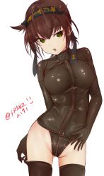Rule 34 | 10s, 1girl, anchor symbol, bad id, bad twitter id, black jacket, black panties, black thighhighs, blush, bodysuit, breasts, brown hair, clothes writing, cowboy shot, franz (217franz), gluteal fold, green eyes, hair flaps, hatsuzuki (kancolle), headband, highres, jacket, kantai collection, latex, looking at viewer, medium breasts, open mouth, panties, shiny clothes, short hair, simple background, skin tight, solo, thighhighs, thighhighs pull, twitter username, underwear, upper body, white background, zipper