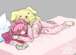 Rule 34 | 1girl, barefoot, bed, belly, doki doki literature club, feet, natsuki (doki doki literature club), pajamas, pettankon, pillow, pink hair, stuffed toy