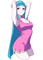 Rule 34 | 1girl, arms behind head, arms up, blue hair, blunt bangs, blunt ends, breasts, cleavage, collarbone, cropped legs, dancing, dress, highres, kashiwa (iersansi), light smile, long hair, looking at viewer, me!me!me!, me!me!me! dance (meme), medium breasts, meme, meme (me!me!me!), pink dress, purple eyes, simple background, sleeveless, sleeveless dress, solo, very long hair, white background