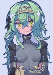 Rule 34 | 1girl, armored gloves, black bodysuit, black ribbon, blush, bodysuit, breasts, eriashi, fur collar, goddess of victory: nikke, green eyes, green hair, hair ribbon, hairband, kilo (nikke), long hair, long sleeves, ribbon, simple background, skin tight, small breasts, solo, sweatdrop, wavy mouth