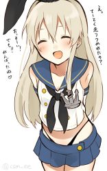 Rule 34 | 10s, 1girl, bad id, bad twitter id, blonde hair, chisumi, closed eyes, collarbone, detached sleeves, highres, kantai collection, looking at viewer, midriff, navel, open mouth, shimakaze (kancolle), simple background, skirt, solo, translated, twitter username, white background