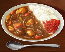 Rule 34 | curry, curry rice, food, food focus, highres, no humans, original, plate, rice, spoon, table, th6313, vegetable, wooden table
