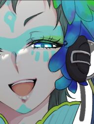 Rule 34 | 1other, androgynous, blue eyes, blue hair, close-up, facepaint, facial mark, feathers, forehead mark, gnosia, green eyes, green hair, headphones, kyowakoku wako, long hair, long sleeves, looking at viewer, makeup, multicolored hair, other focus, raqio, simple background, solo, streaked hair, tattoo, upper body