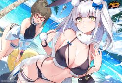 Rule 34 | 2girls, bare shoulders, beach, bikini, black bikini, black one-piece swimsuit, blue nails, bow, breasts, brown hair, cleavage, commentary, copyright name, day, dutch angle, english commentary, fur collar, glasses, hair bow, hair bun, halterneck, hands up, highres, hisen kaede, jacket, kaavi, large breasts, logo, long hair, looking at viewer, mahjong, mahjong soul, multi-strapped bikini, multiple girls, nail polish, navel, ninomiya hana, ocean, official art, one-piece swimsuit, open clothes, open jacket, open mouth, outdoors, parted lips, red-framed eyewear, see-through, shawl, sidelocks, smile, stomach, string bikini, swimsuit, tenbou, thigh strap, thighs, wet, white hair, white jacket, yellow eyes