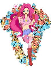 Rule 34 | 1girl, absurdres, blue eyes, breasts, candy, crop top, crop top overhang, fingerless gloves, gloves, heart, highres, huge breasts, large breasts, long hair, looking at viewer, midriff, mikado ryouma, my little pony, my little pony: friendship is magic, navel, open fly, open mouth, personification, pink hair, pinkie pie, shorts, smile, solo, spoken heart, thigh gap, unzipped, very long hair
